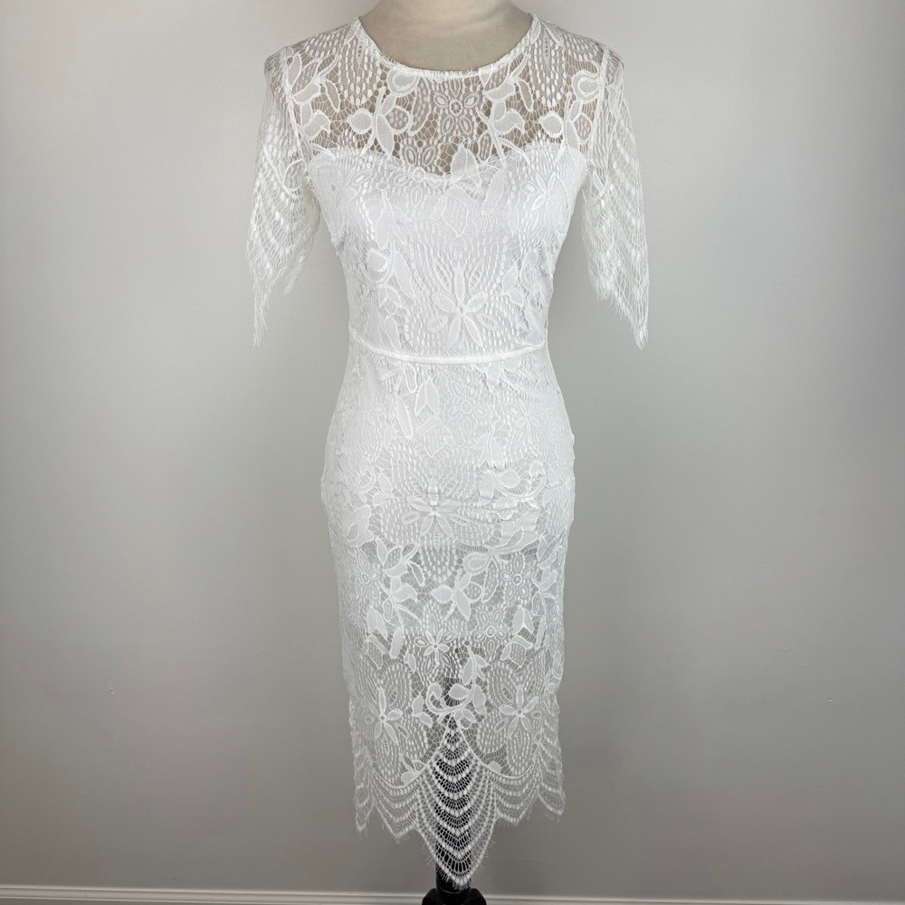 White Floral Lace Open Back Midi Dress Short Sleeve Eyelash Trim Size Small